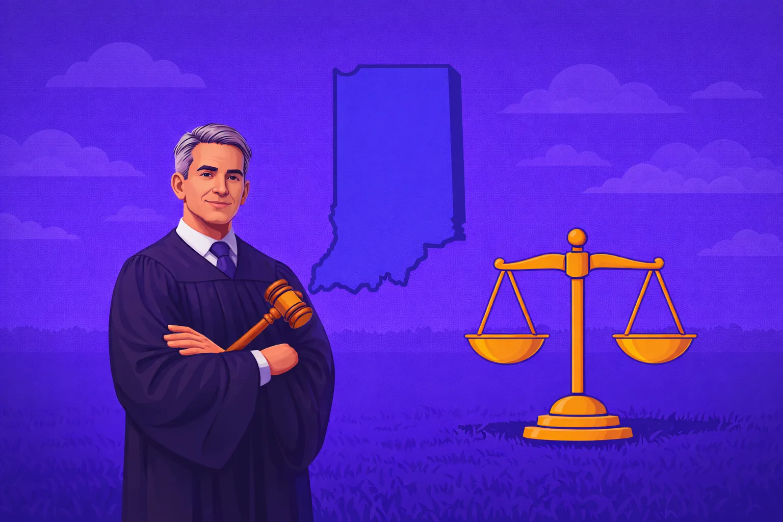 Illustration of a judge with a gavel standing beside a blue Indiana state outline and an orange balance scale on a purple background with grass silhouettes and clouds, symbolizing Indiana’s legal position on sweepstakes casinos.