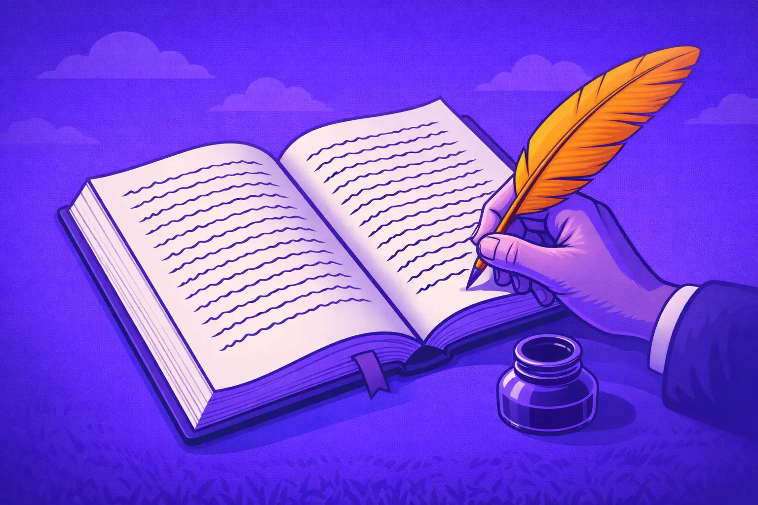 Purple flat-style scene showing a hand writing in an open rule book with a feather and ink, with curved lines standing in for text to represent legal terms without real words.