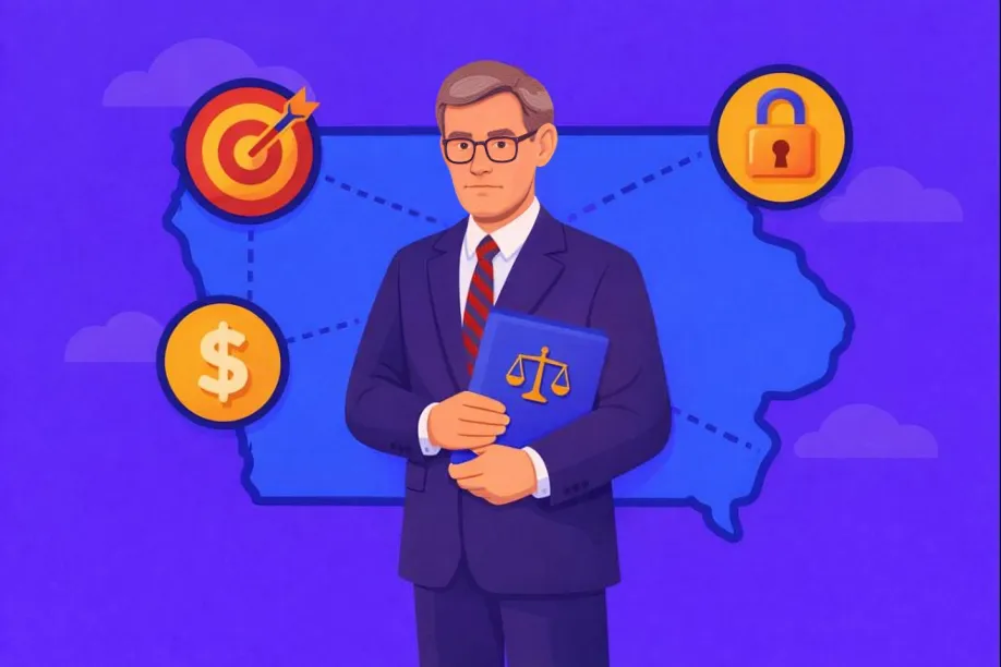 Cartoon-style scene of a legal official holding a book with scales of justice on the cover, posed against an Iowa silhouette with compliance and finance icons, depicting oversight of Iowa sweepstakes casinos.