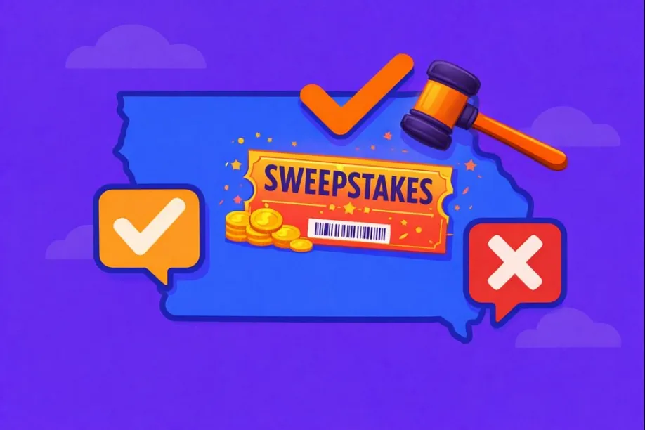 Illustration of the state of Iowa with a sweepstakes ticket, coins, a judge’s gavel, and approval and denial icons, representing Iowa’s legal position on sweepstakes casinos.
