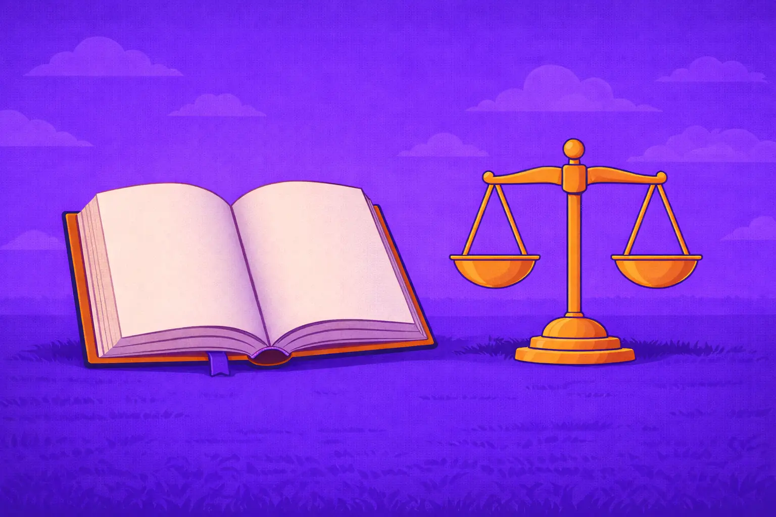 Flat purple scene showing a blank open rule book beside a balanced justice scale, representing important legal requirements for Kansas sweepstakes casinos.