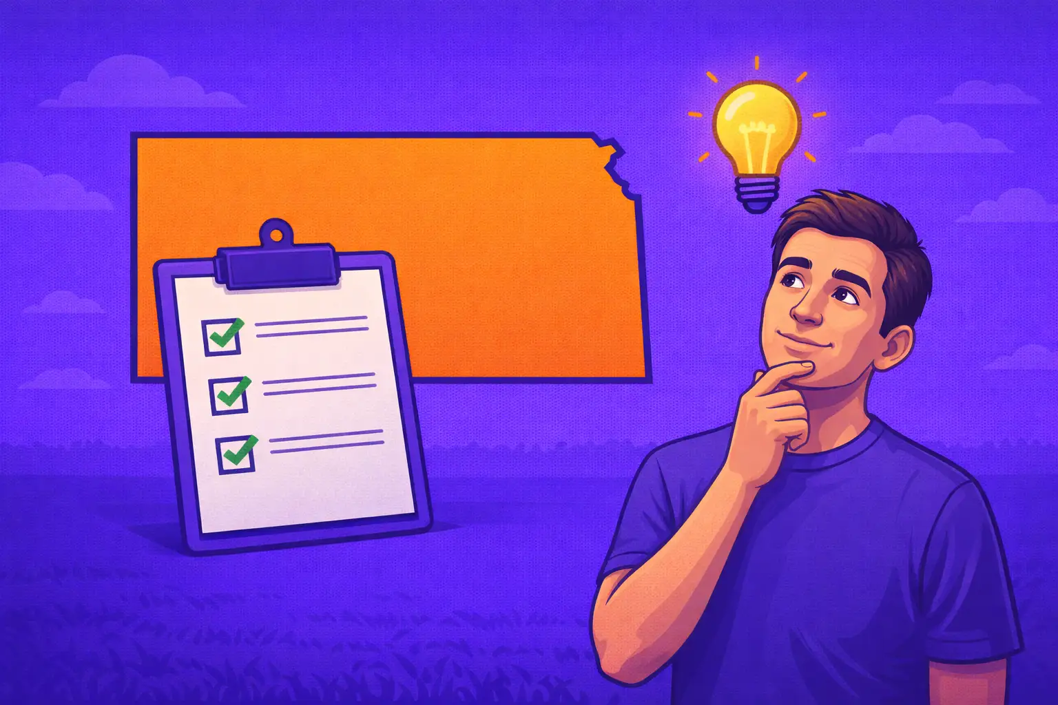 Digital illustration of a young man looking up at a glowing light bulb next to the Kansas outline and a three-point checklist, depicting important legal tips for Kansas sweepstakes casinos.