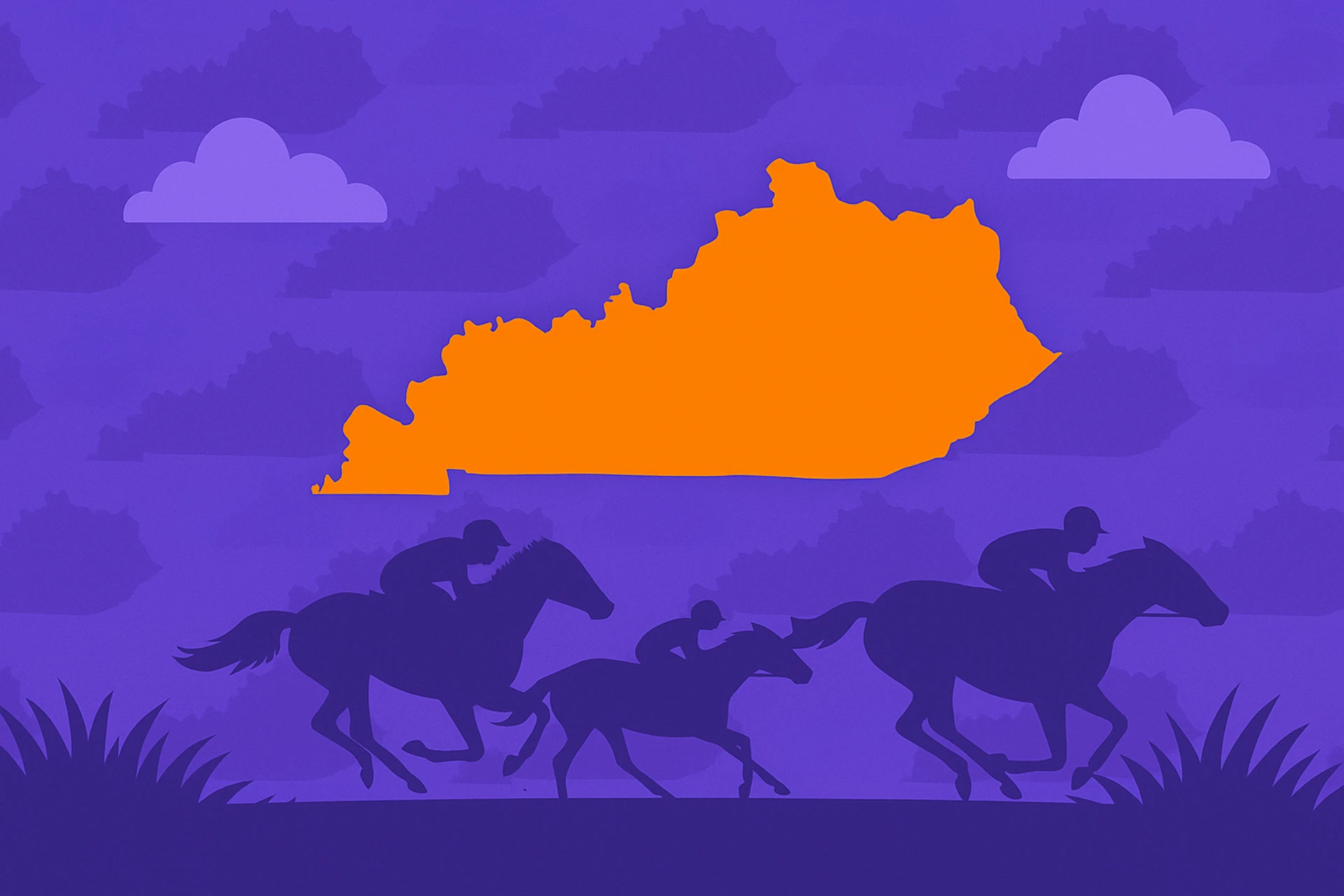 Illustration of Kentucky’s orange state outline above silhouettes of jockeys racing horses across purple grass, symbolizing the link between Kentucky sweepstakes casinos and horse racing culture.