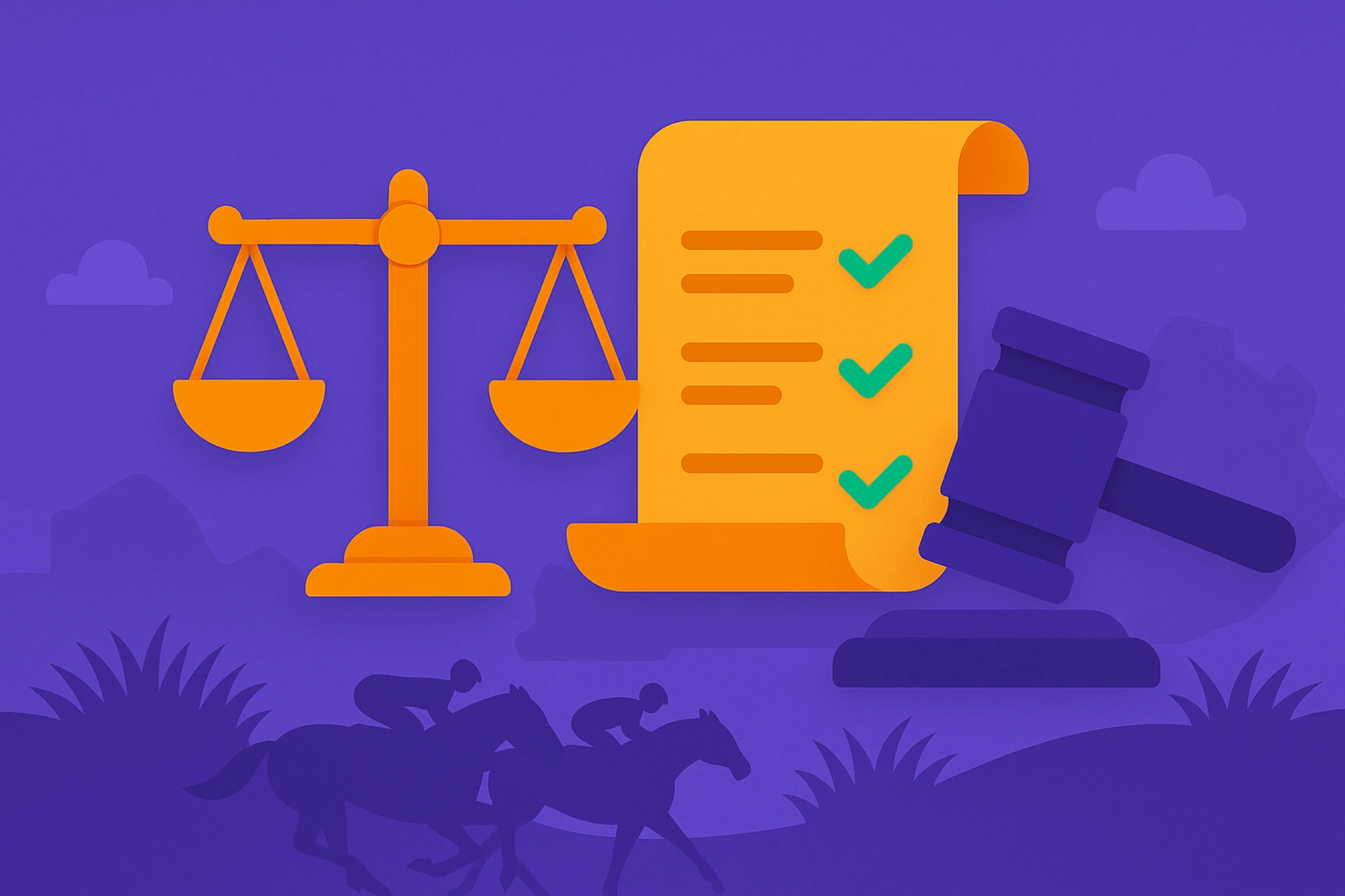 Illustration of a balance scale, checklist scroll, and judge’s gavel above subtle horse racing silhouettes, representing legal compliance for Kentucky sweepstakes casinos.