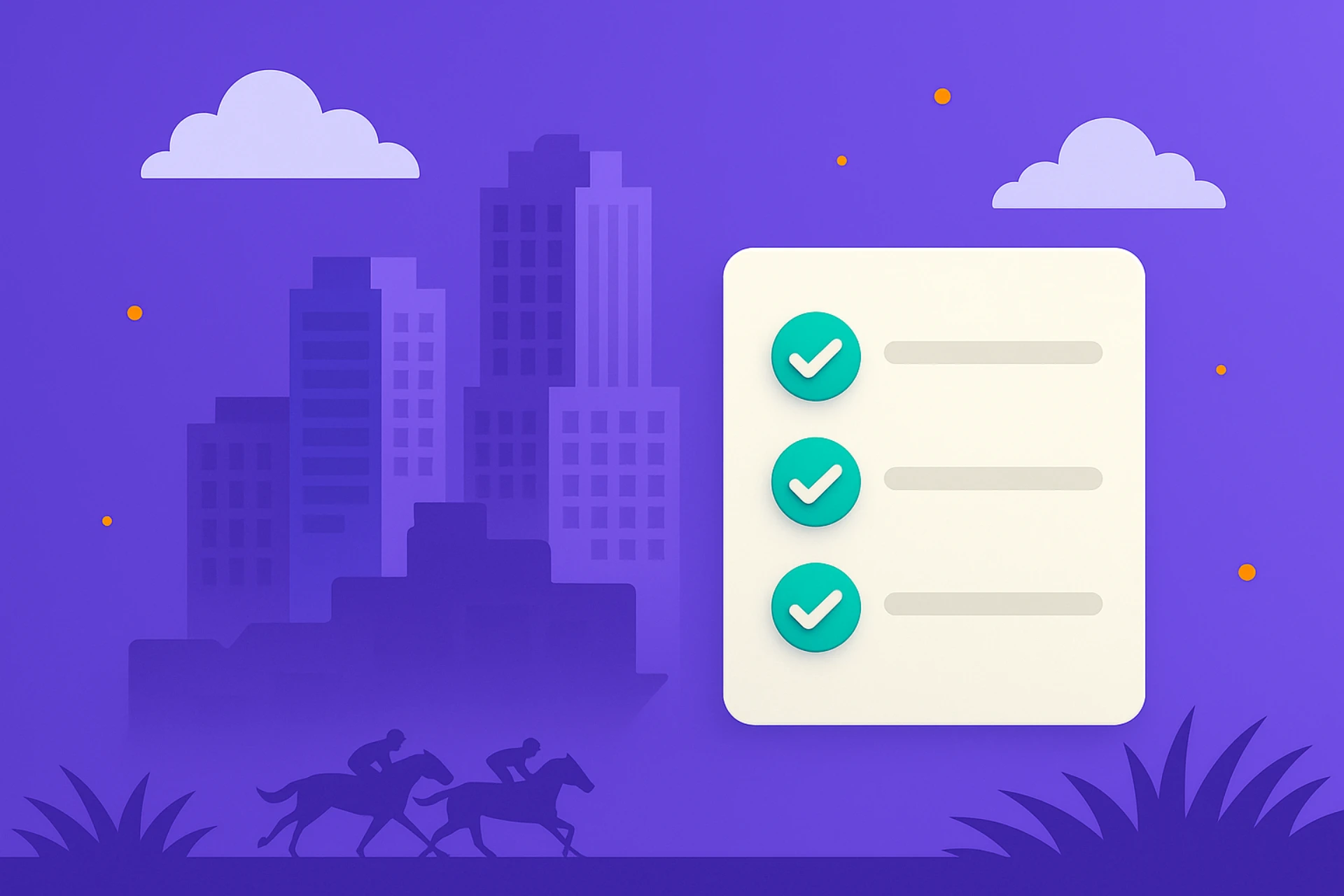 Illustration of a purple city skyline with clouds and horse racing silhouettes, featuring a three-point checklist card, symbolizing urban Kentucky sweepstakes casino compliance.