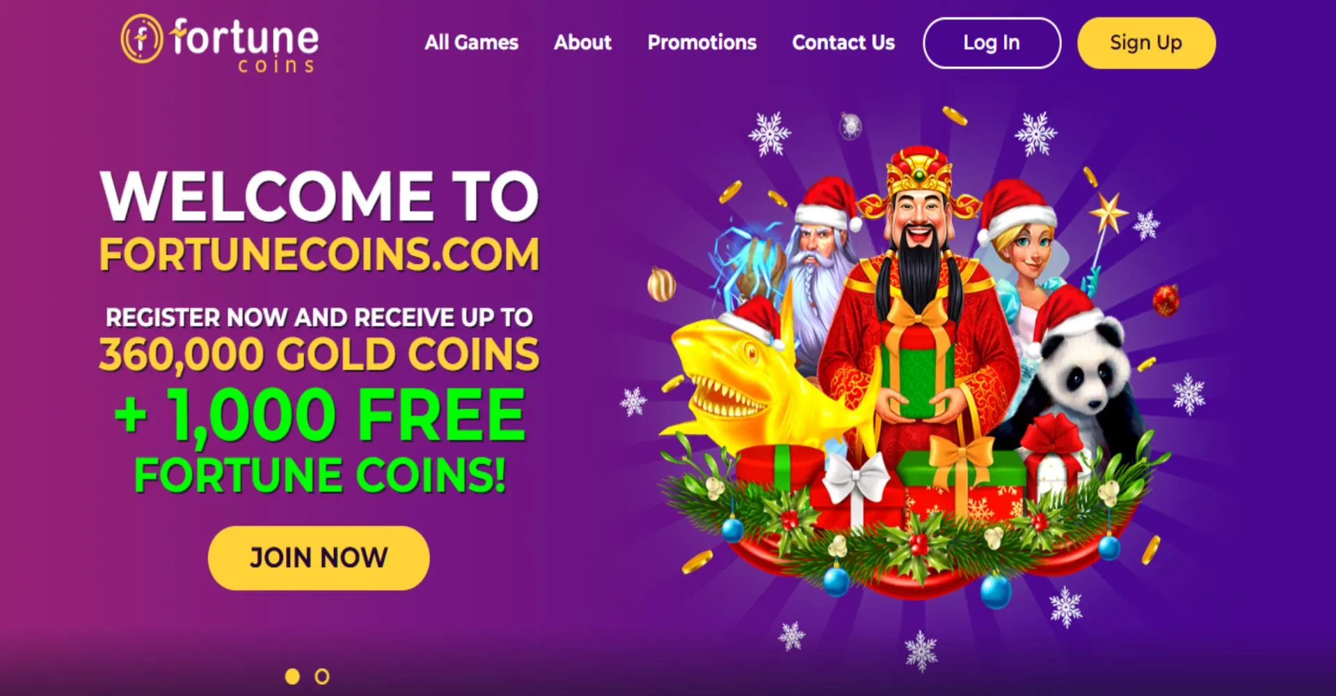 A screenshot of fortune coins landing page with welcome bonus