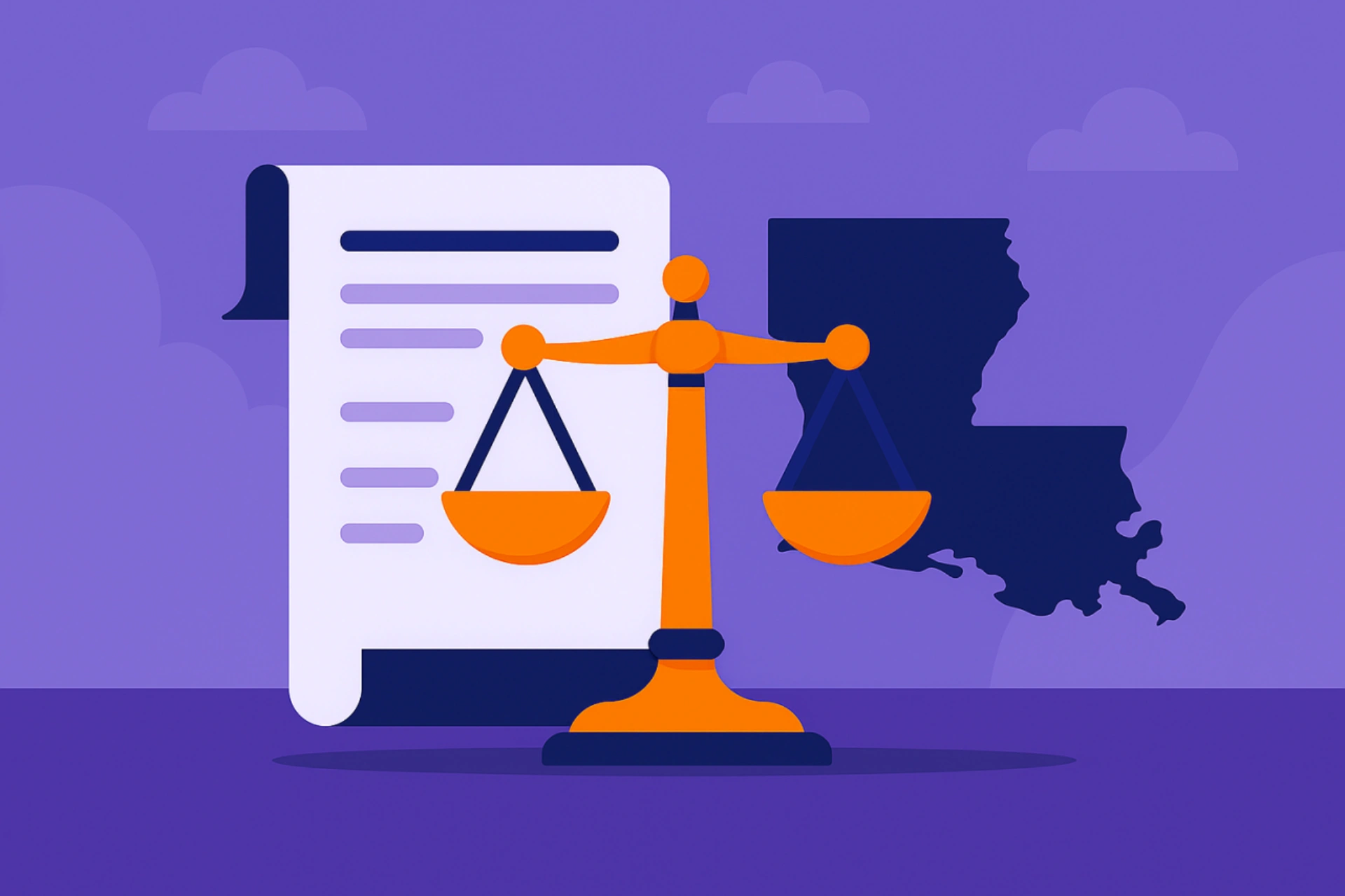 Illustration of legal scales balanced in front of a document and the state outline of Louisiana, representing an overview of Louisiana sweepstakes casino laws and regulations. 