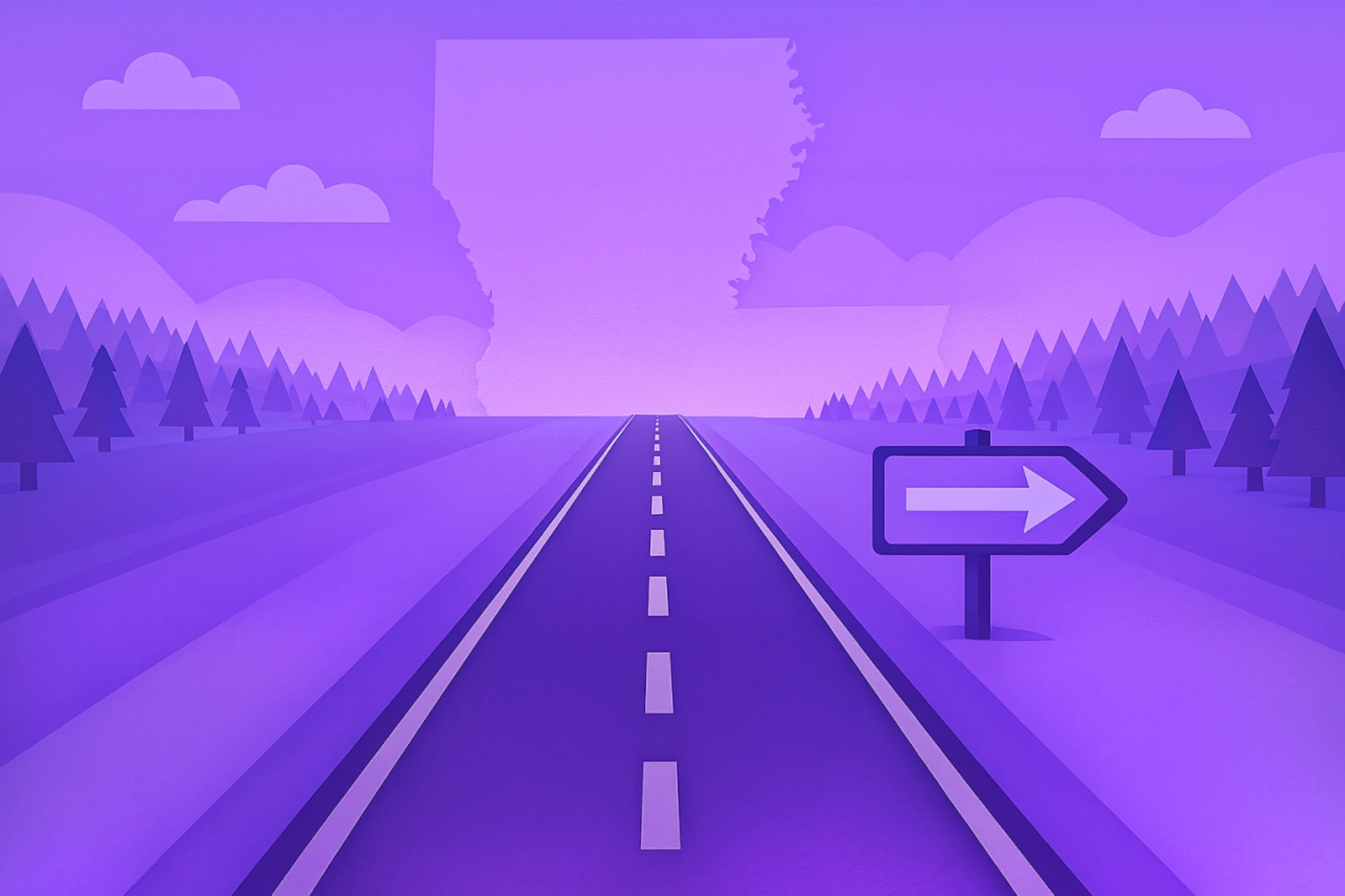 Illustration of a winding road leading toward a sign labelled “Sweepstakes,” with the state of Louisiana outlined in blue and an upward arrow road sign, symbolizing the future outlook for sweepstakes casinos in Louisiana.