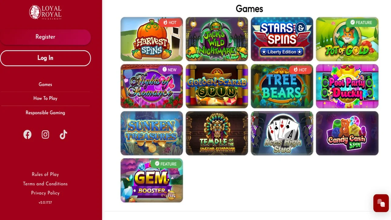 Screenshot of Loyal Royal Casino's landing page