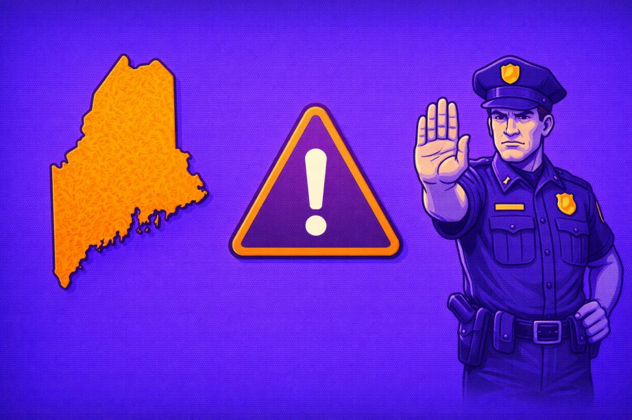 Illustration of a large Maine state silhouette placed behind a warning triangle and a police officer holding up a stop gesture on a solid purple background, representing sweepstakes casino enforcement in Maine.