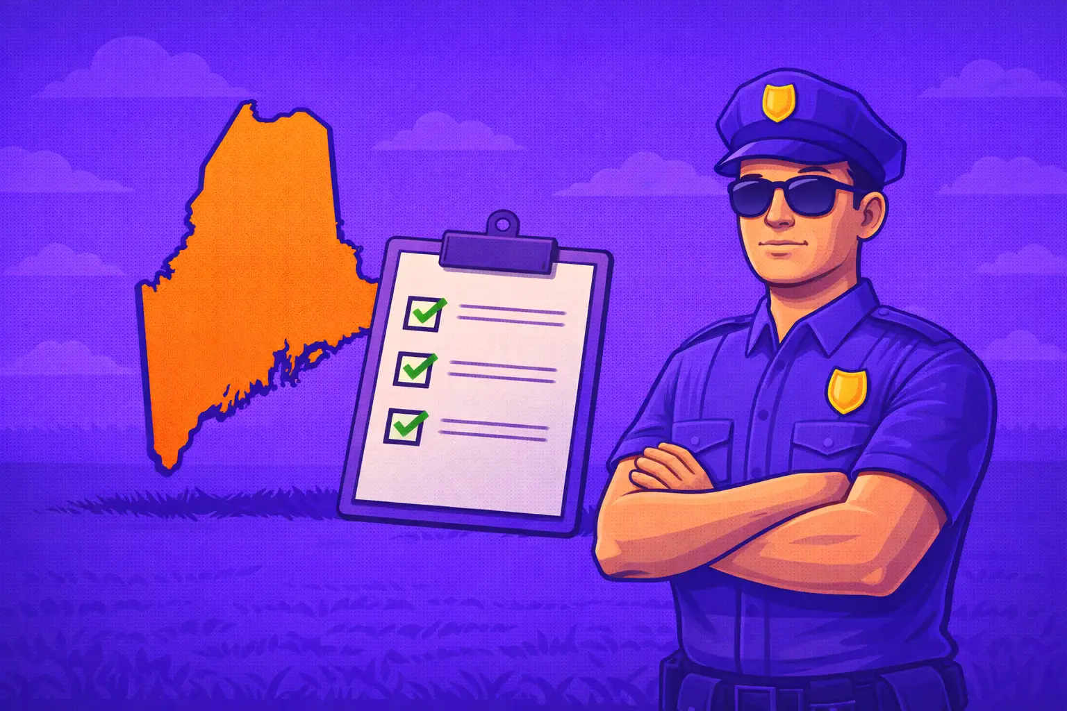 Digital illustration showing a confident security guard beside a checklist in front of the Maine state silhouette on a purple background, depicting important compliance points for Maine sweepstakes casino players.