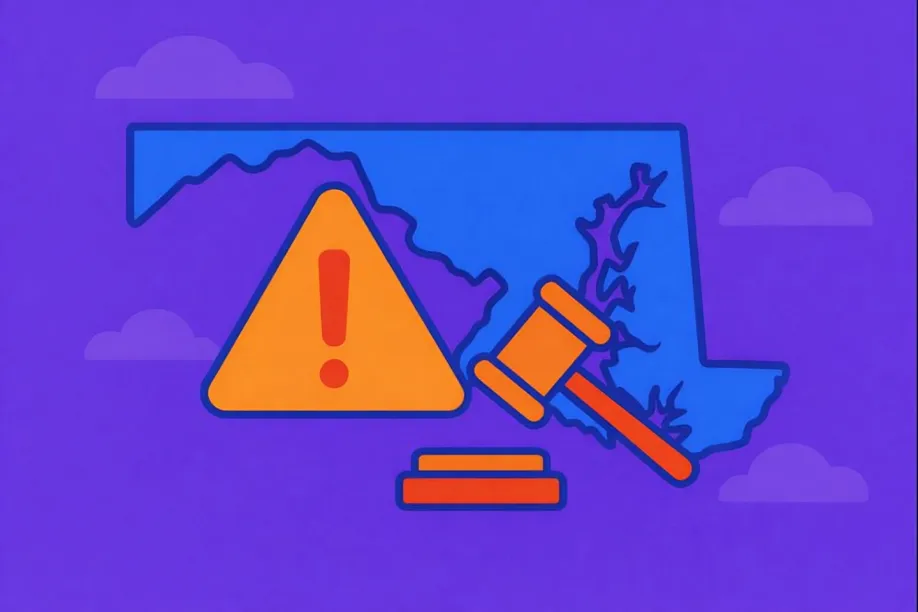 Illustration showing the outline of the state of Maryland with a warning symbol and a judge’s gavel, representing the risks, legal penalties, and enforcement actions related to sweepstakes casinos in Maryland.