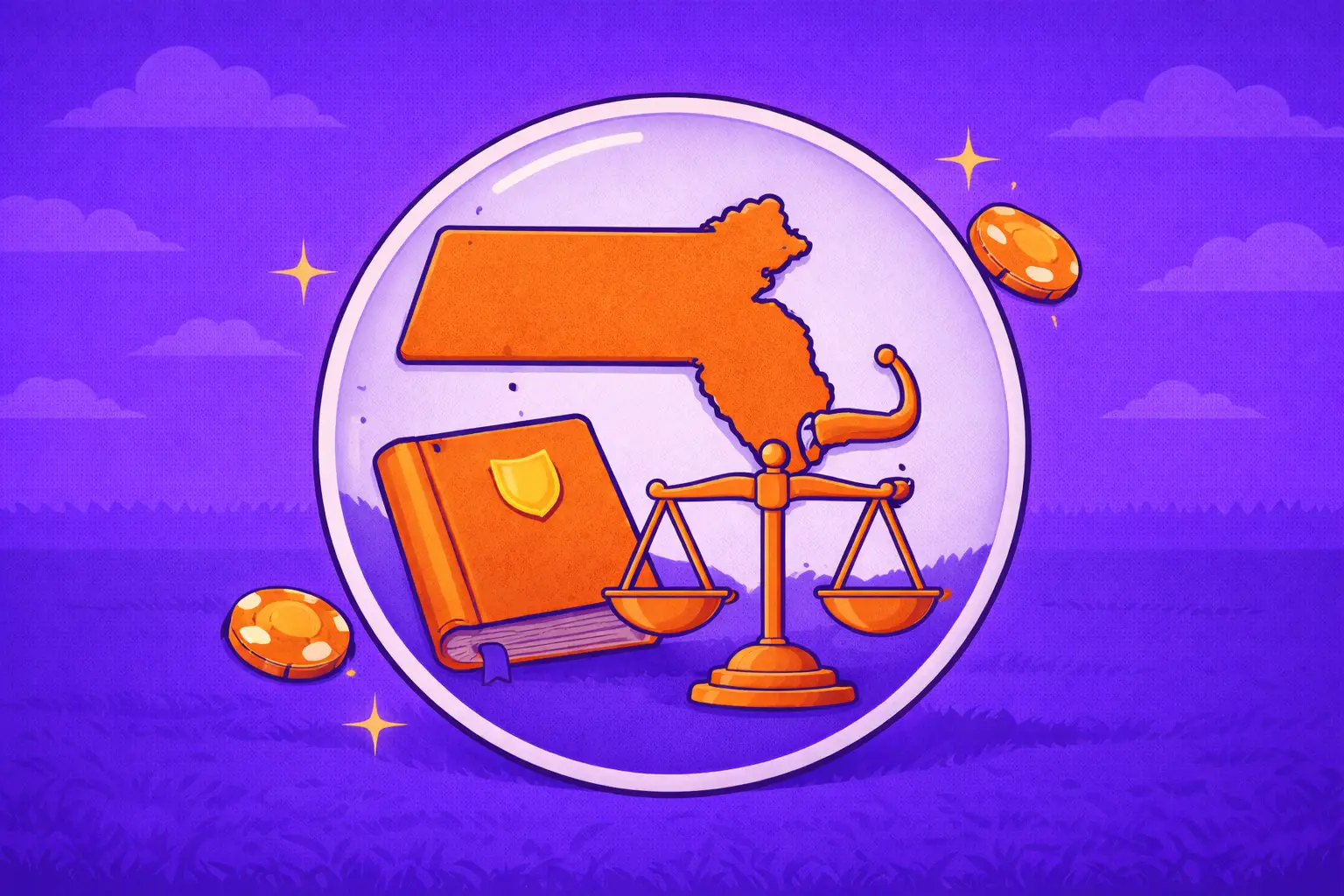 Purple flat-style scene showing Massachusetts’ map above a law book and scales of justice inside a lens-like circle, representing an overview of sweepstakes casino laws in the state.