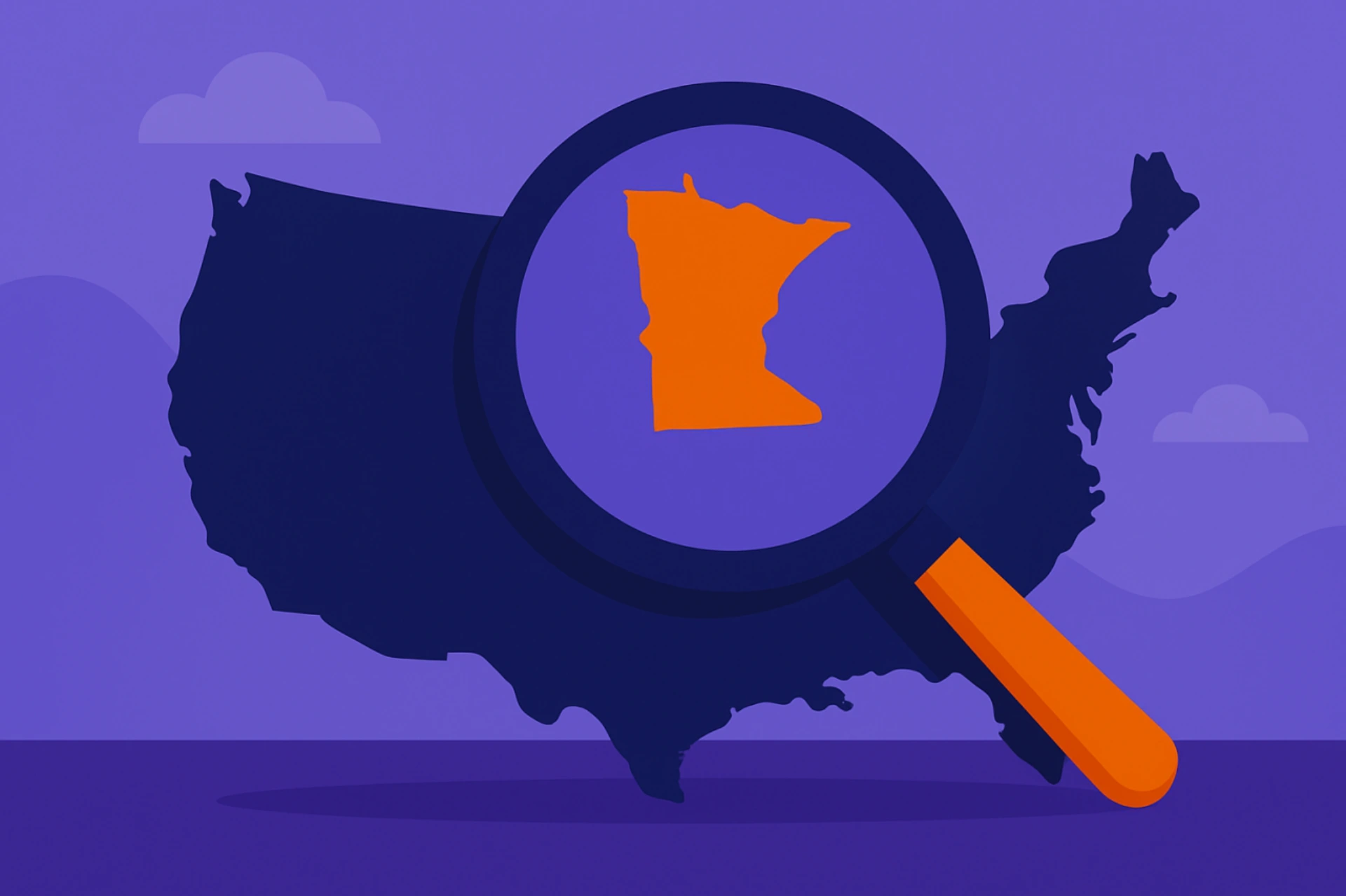 Illustration of a magnifying glass highlighting the state of Minnesota on a dark map of the United States, symbolizing key information Minnesota players need to know about sweepstakes casinos.