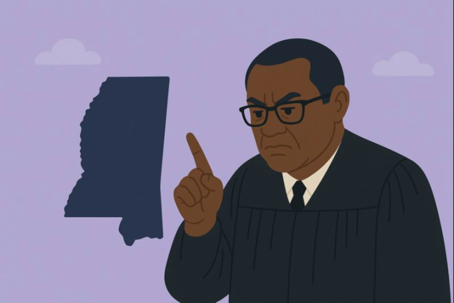 Illustration of a judge raising a warning finger beside the outline of Mississippi, symbolizing enforcement actions and regulatory warnings related to sweepstakes casino laws in the state.