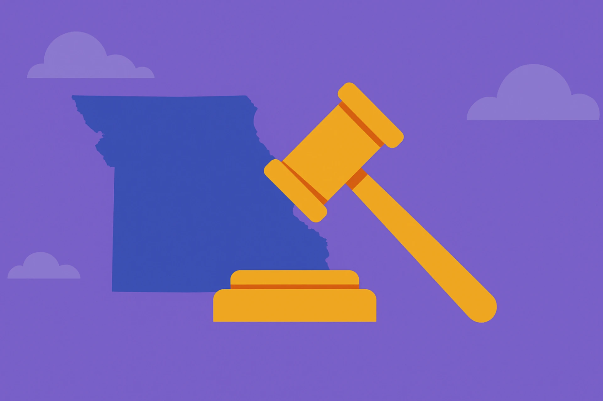 Illustration of a judge’s gavel striking a base beside the outline of Missouri, symbolizing the legal status of sweepstakes casinos in the state.