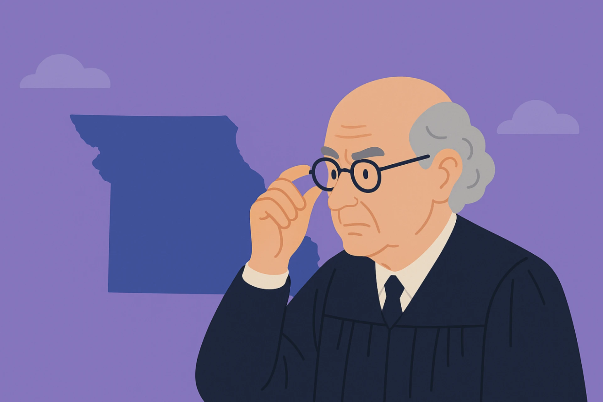Illustration of a judge adjusting glasses beside the outline of Missouri, representing legislative review and potential changes affecting sweepstakes casinos in the state. 