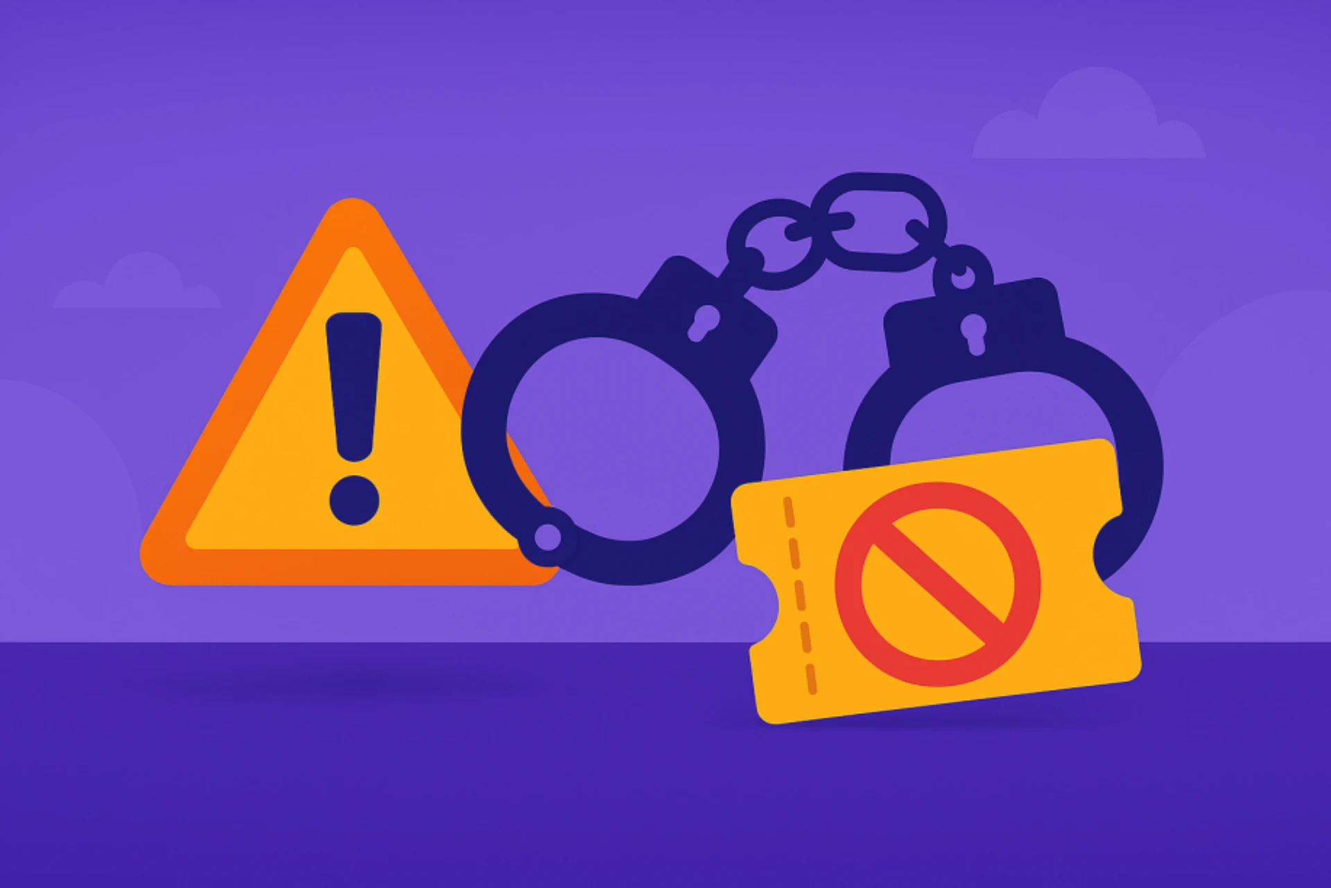 Illustration showing a warning sign, handcuffs, and a prohibited sweepstakes ticket symbolizing legal penalties for using sweepstakes casinos in Montana.