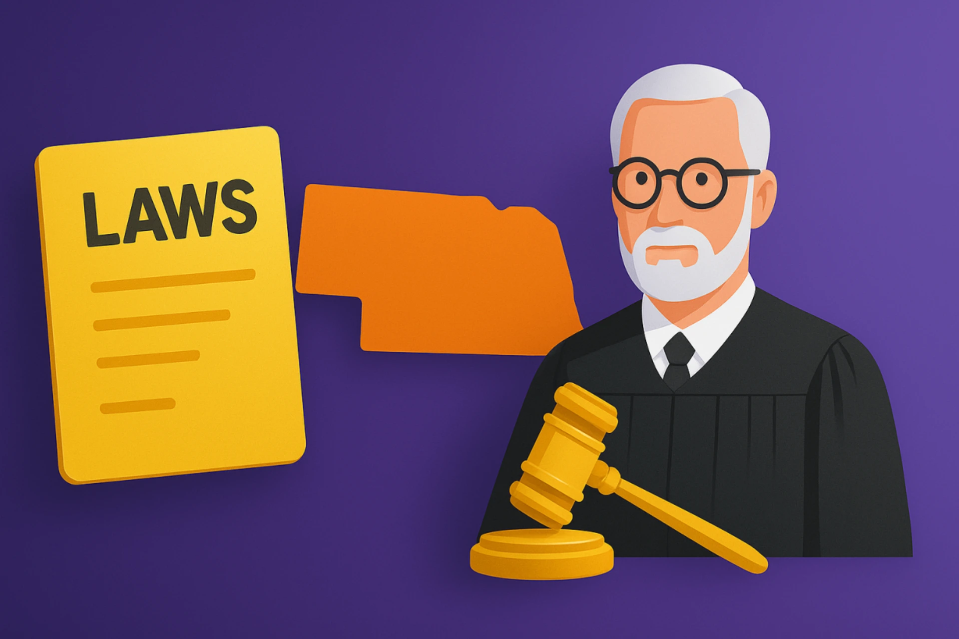 Illustration of Nebraska sweepstakes laws showing a judge with a gavel, the Nebraska state outline, and a legal document labeled ‘Laws
