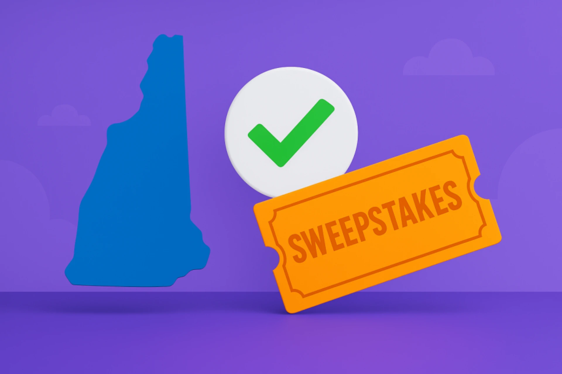 Illustration showing the outline of New Hampshire beside a green checkmark and a sweepstakes ticket, symbolizing the legal status of sweepstakes casinos in New Hampshire.