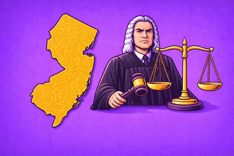 Illustration of a large New Jersey state outline with a judge holding a gavel and a balance scale layered in front on a purple background, representing legal oversight of sweepstakes casinos in New Jersey.