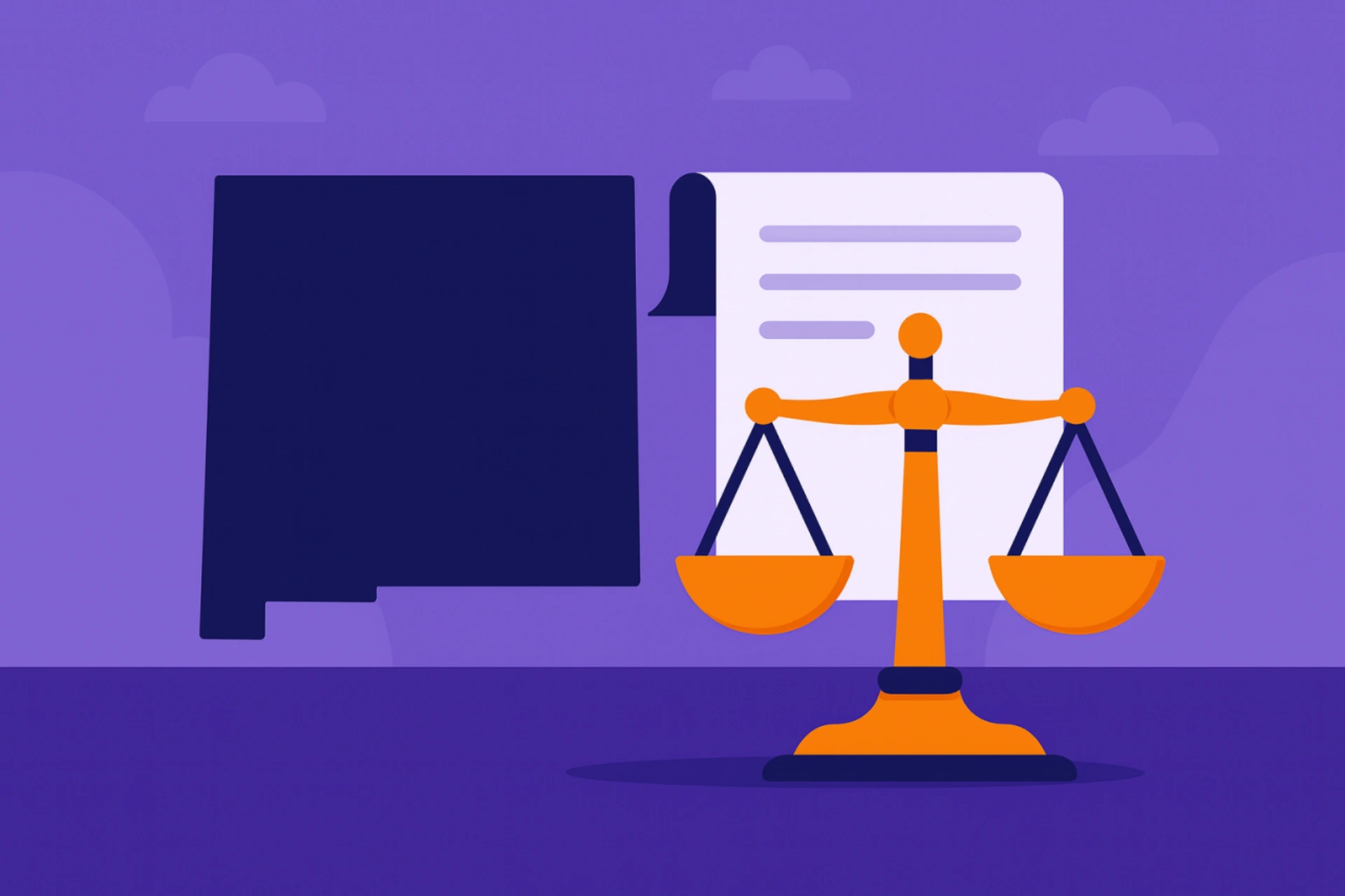 Illustration of New Mexico’s state outline beside legal documents and balanced scales, representing an overview of sweepstakes casino laws in New Mexico.