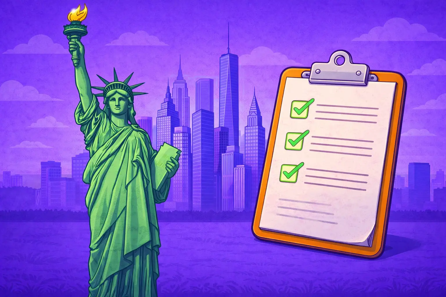 Illustration of the Statue of Liberty in front of a New York skyline with a large checklist showing green checkmarks, representing New York sweepstakes casinos in 2025 and the rules players must follow.