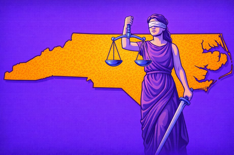 Flat-style image showing Lady Justice layered over the North Carolina map while holding a balance scale, representing how state law evaluates sweepstakes casinos.