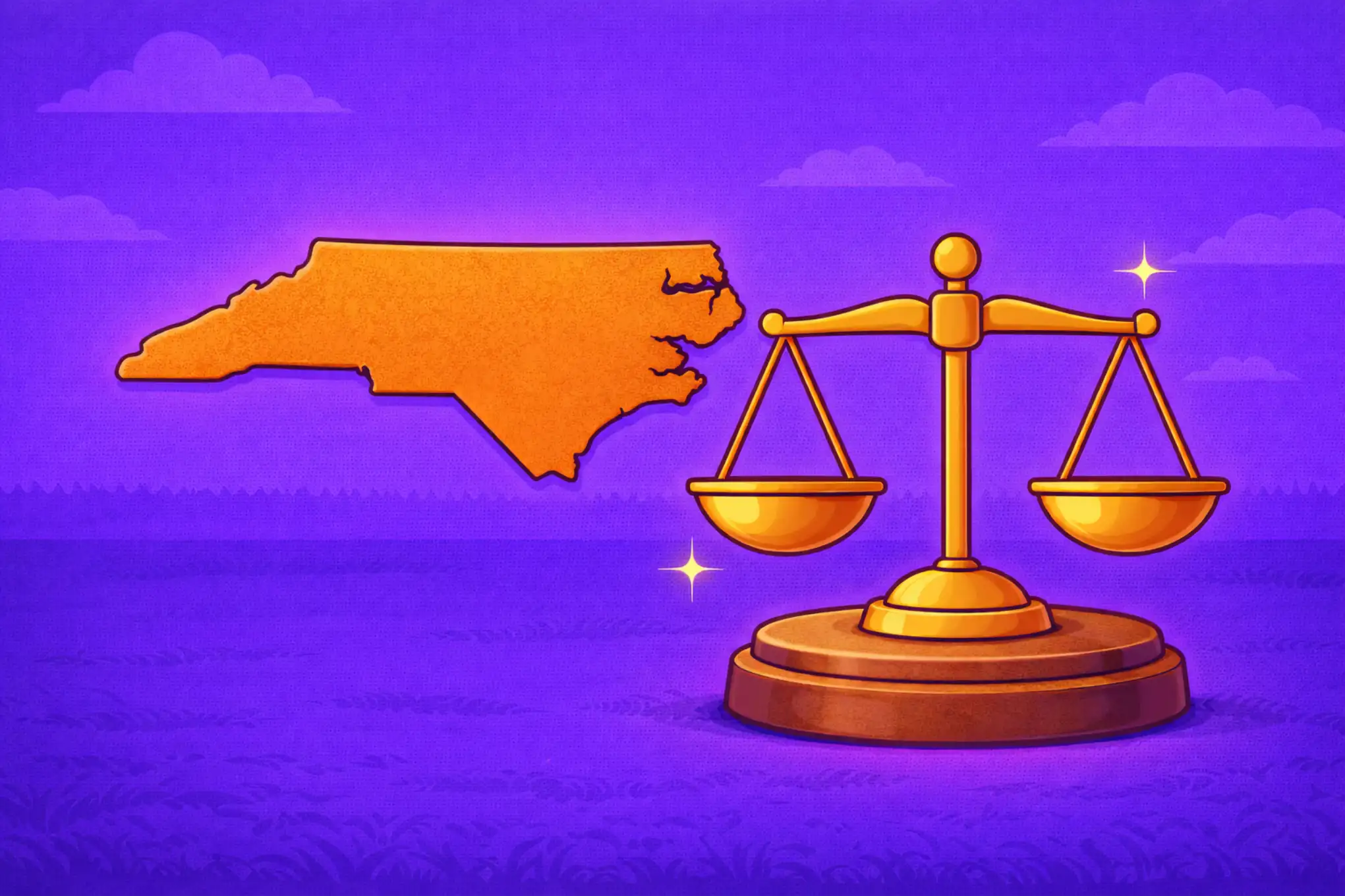 Flat purple scene showing North Carolina’s silhouette on the left and classic justice scales on the right, representing the legal balance around NC sweepstakes casinos.
