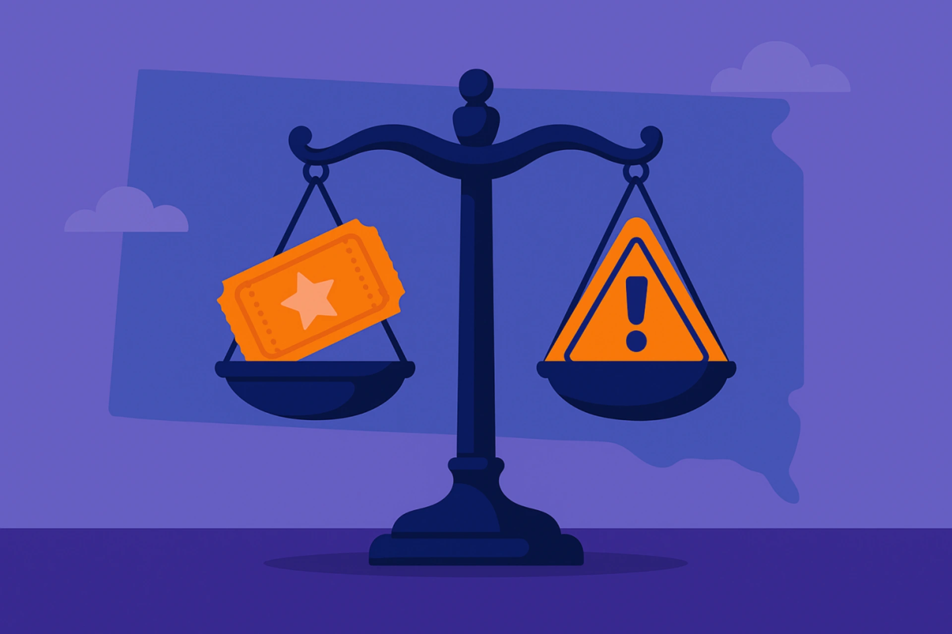 Illustration of a balance scale with a sweepstakes ticket on one side and a warning symbol on the other, set against the outline of North Dakota to represent risks of sweepstakes casinos.