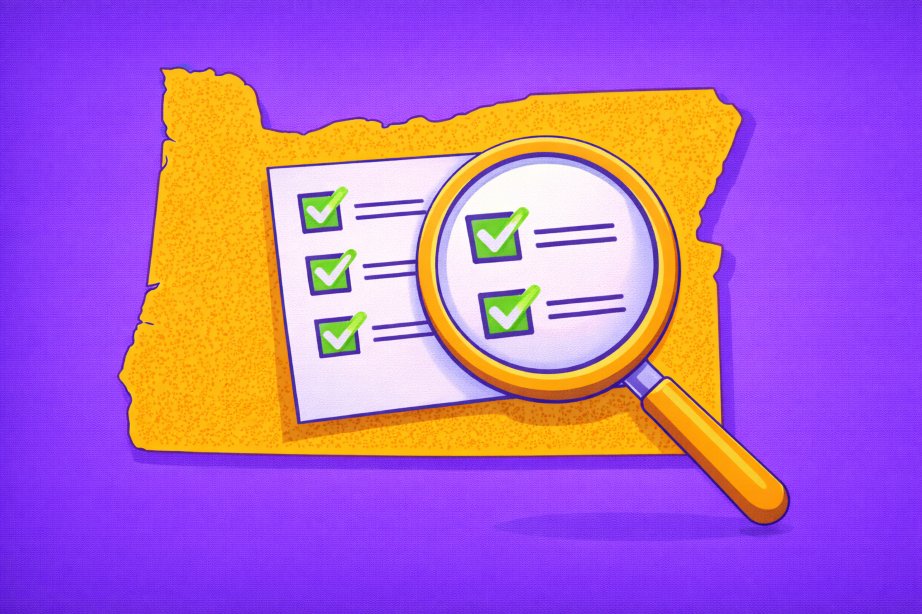 oregon map big + magnifying glass and checklist layered on top of the map pattern