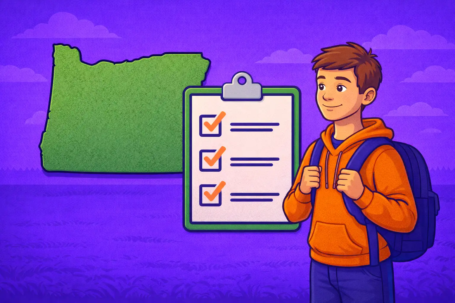 Illustration of an Oregon state outline with a large checklist clipboard and a teenager wearing a backpack on a purple background, symbolizing quick facts for Oregon sweepstakes casino players.