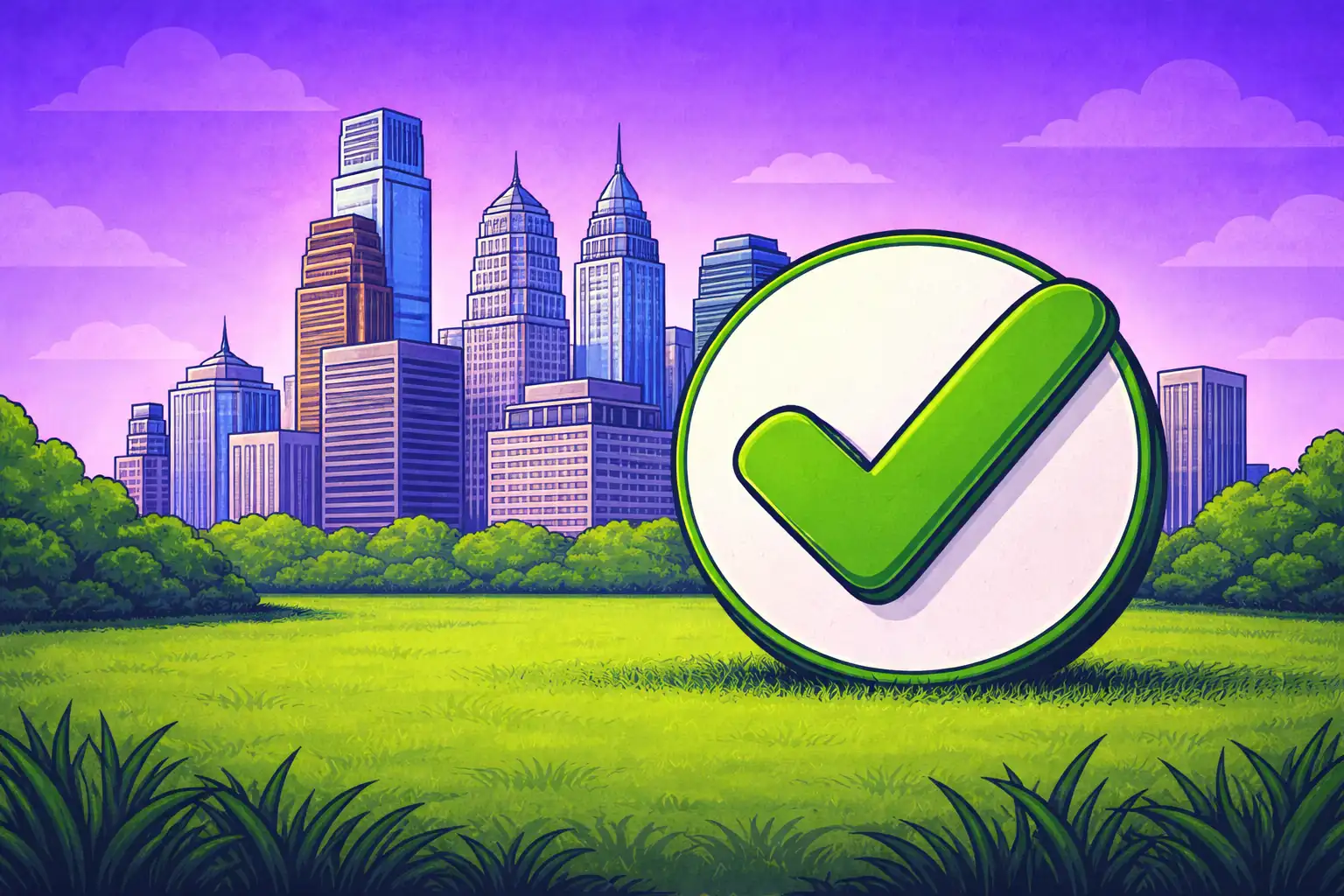 Cartoon-style scene showing skyscrapers under a purple sky with a bold green check in the foreground, representing what makes Pennsylvania sweepstakes casinos compliant with the law.