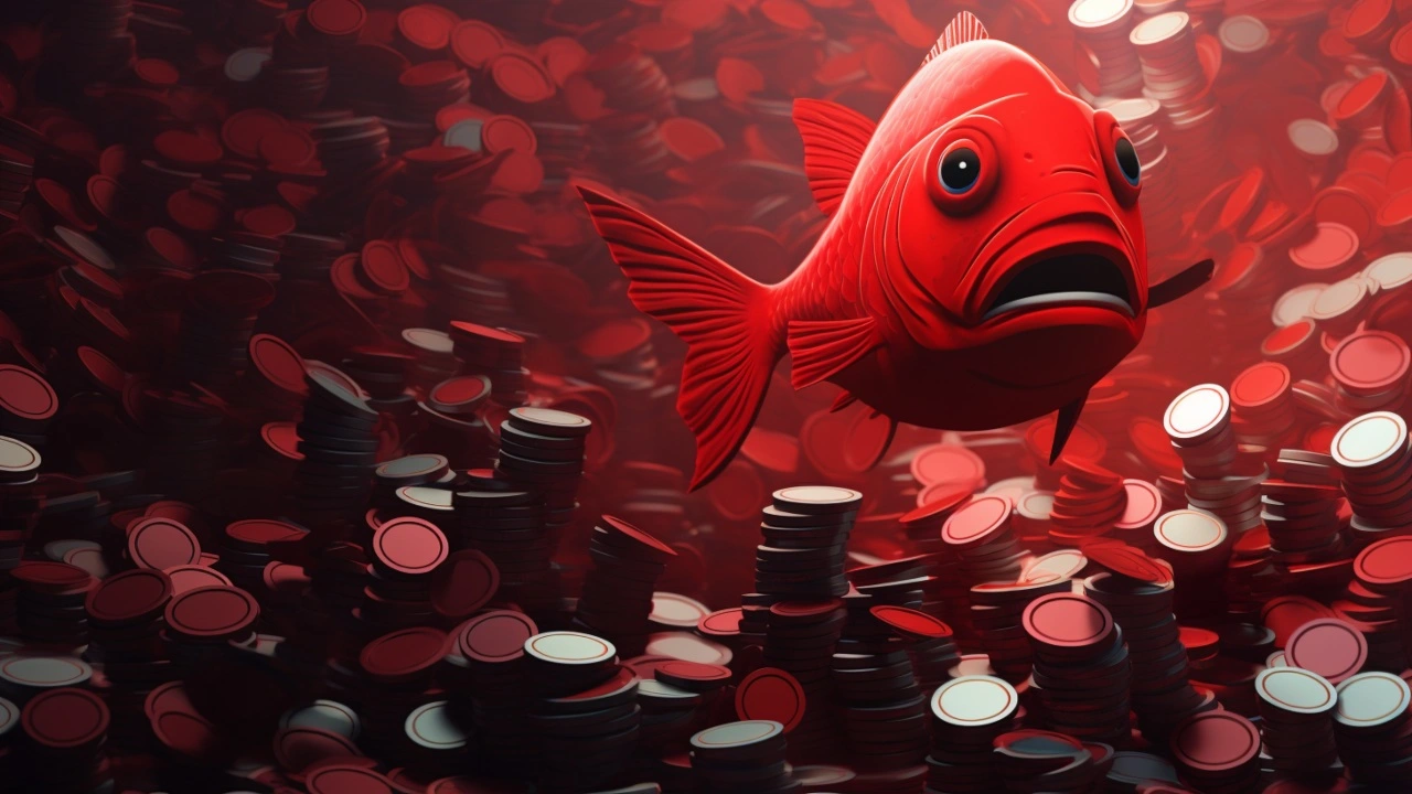 An image of red fish surrounded by coins.