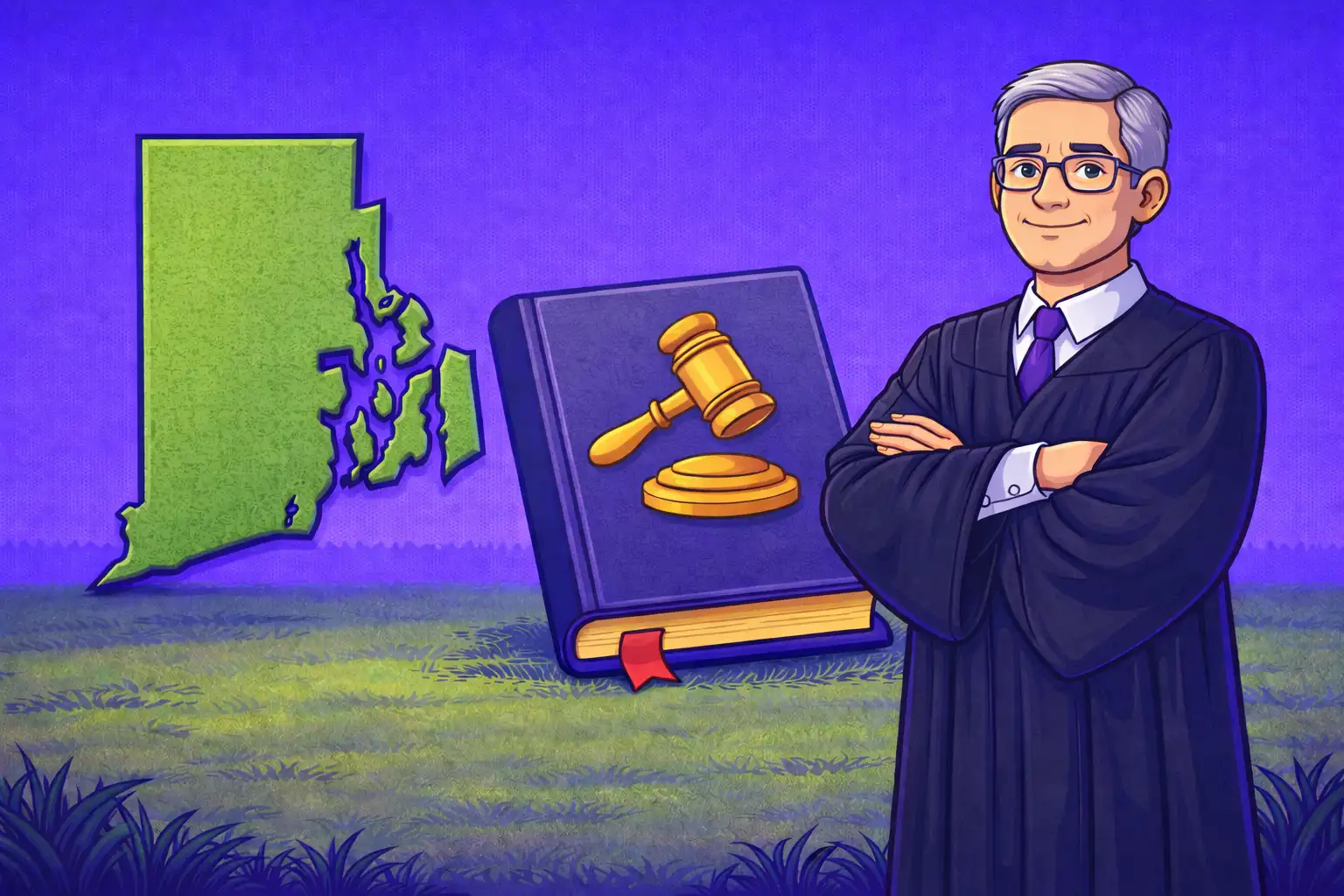 Cartoon-style scene showing Rhode Island’s silhouette next to a legal book and a calm judge with folded arms, symbolizing the state’s rules for sweepstakes casino sites.
