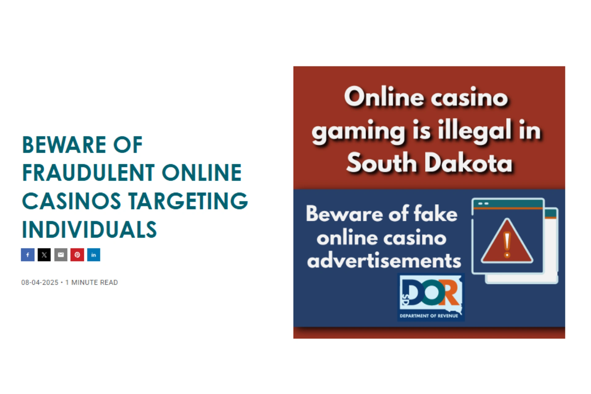 Screenshot of a South Dakota Department of Revenue warning stating that online casino gaming is illegal in South Dakota and advising residents to beware of fraudulent online casino advertisements.