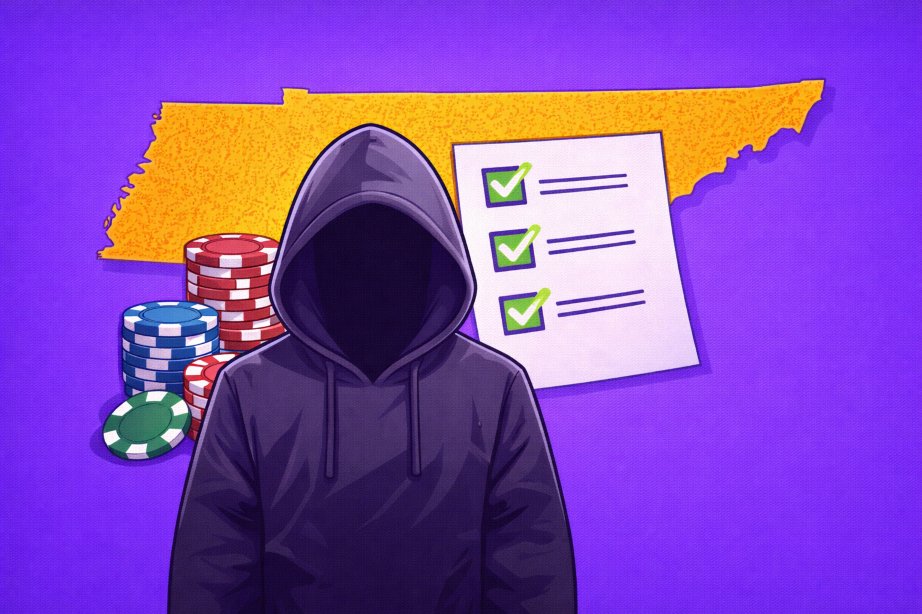 Cartoon-style image showing an anonymous person in a hoodie standing in front of the Tennessee map, alongside a compliance checklist and casino chips, symbolizing what matters for Tennessee sweepstakes players.