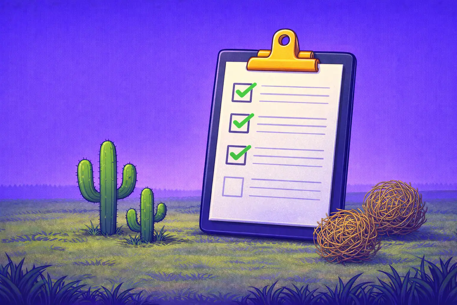Digital illustration of a checklist standing in a grassy desert landscape with cactuses and tumbleweeds under a purple sky, depicting key criteria for Texas sweepstakes casinos.