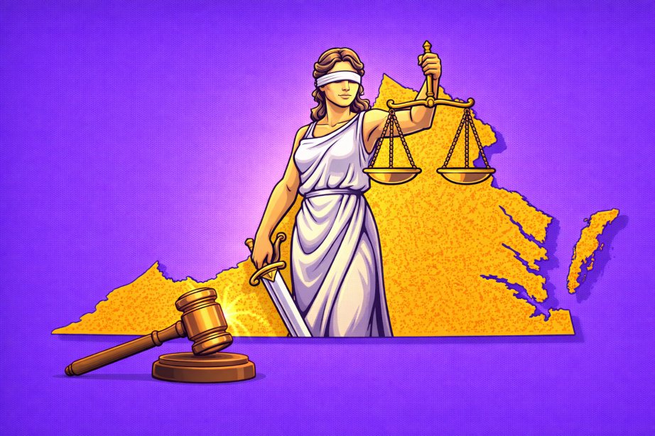 Flat-style image showing Lady Justice standing over the Virginia map with a gavel in the foreground, symbolizing how state law governs sweepstakes casinos.