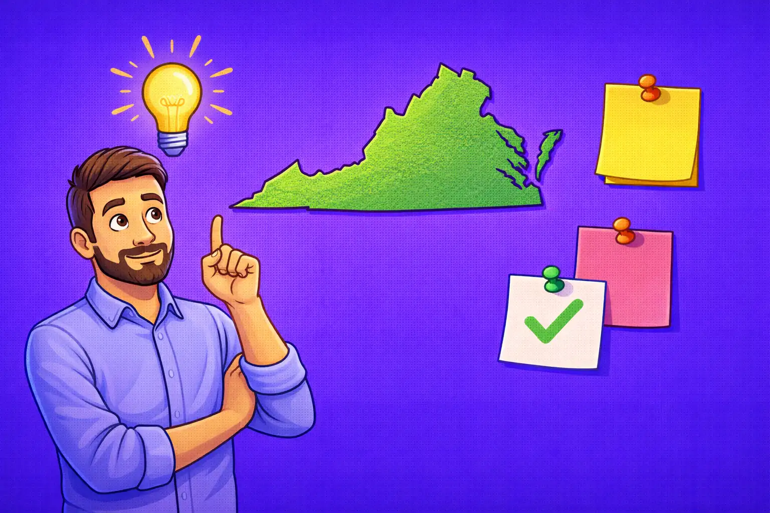 Cartoon-style scene showing a man in a shirt under a light bulb next to the Virginia map and three reminder notes, representing key takeaways for Virginia sweeps casino players.