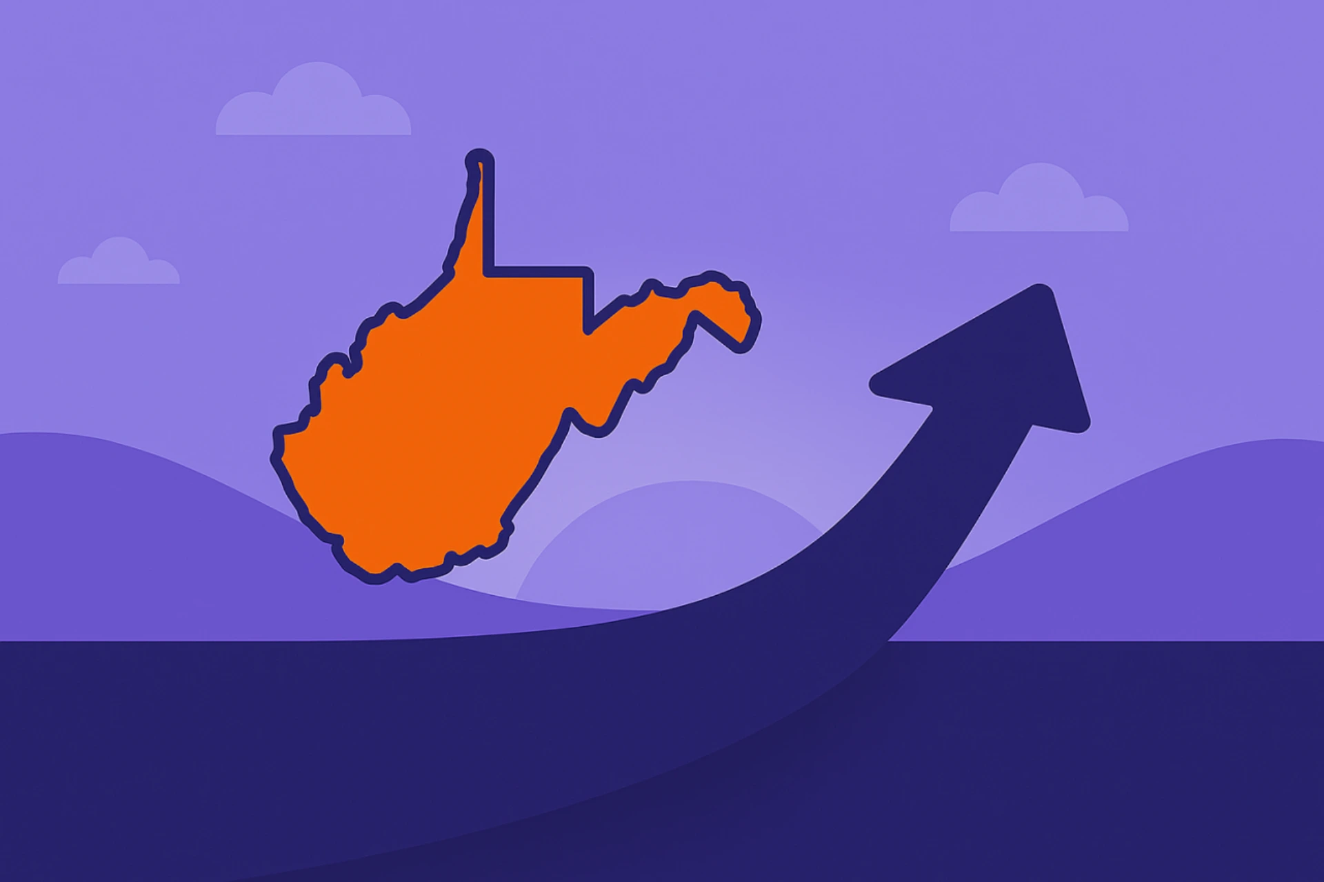 Illustration of West Virginia’s state outline with an upward-curving arrow, symbolizing the current sweepstakes casino landscape and future developments in the state.