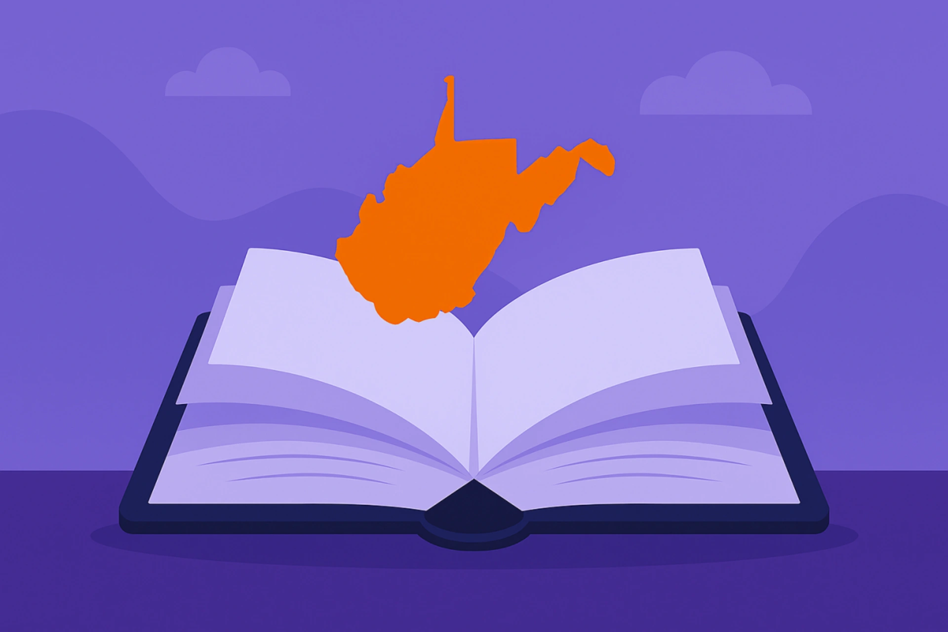 Illustration of an open book with the state of West Virginia floating above the pages, symbolizing a fact-based overview of sweepstakes casino information for West Virginia players.