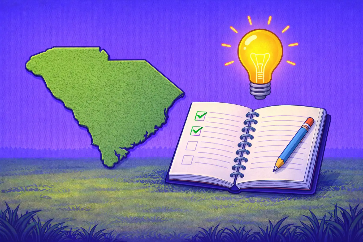 Illustration of a green South Carolina state outline beside an open notebook with checkboxes and a glowing light bulb above it, symbolizing key things to know about South Carolina sweepstakes casinos.