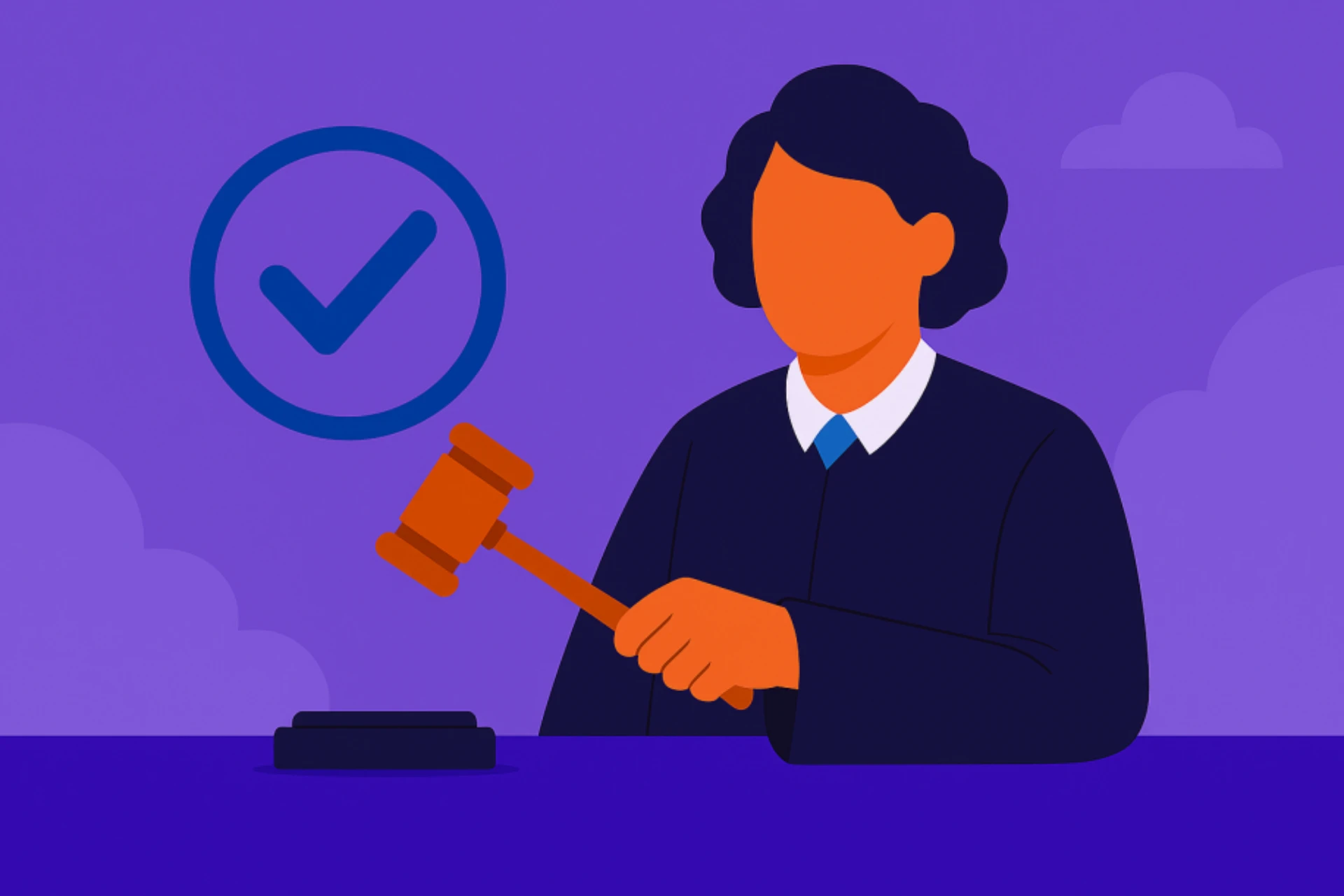 Illustration of a judge holding a gavel with a checkmark symbol in the background, representing eligibility rules for who can legally play sweepstakes casinos in New Hampshire.