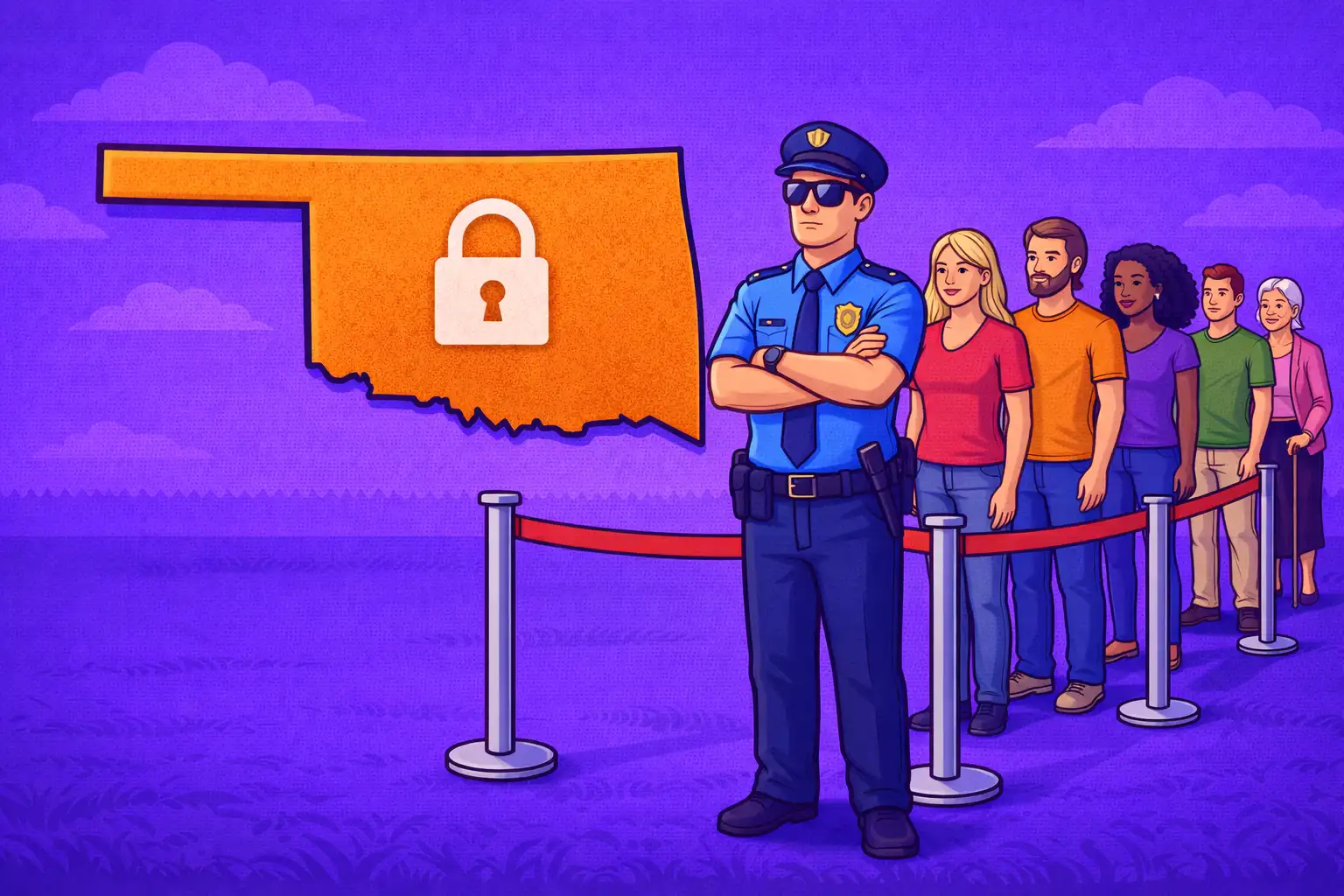 Purple flat-style scene showing a guarded queue of players in front of the Oklahoma map with a padlock, representing eligibility rules for Oklahoma online sweepstakes casinos.