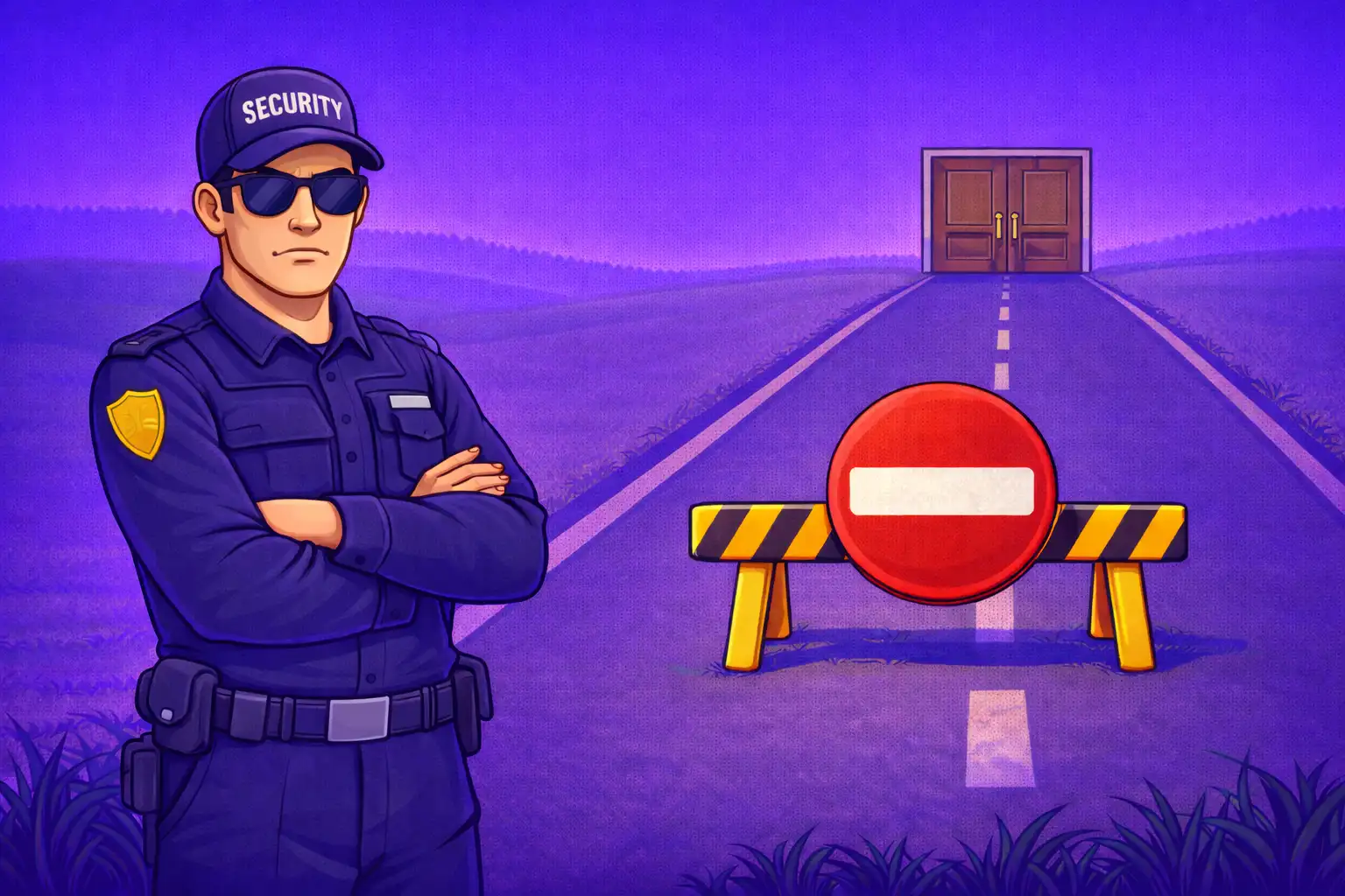 Cartoon-style scene showing a guard in a dark navy uniform crossing his arms next to a red no-entry symbol on a blocked road under a flat purple sky, representing access rules for VT sweeps casinos.