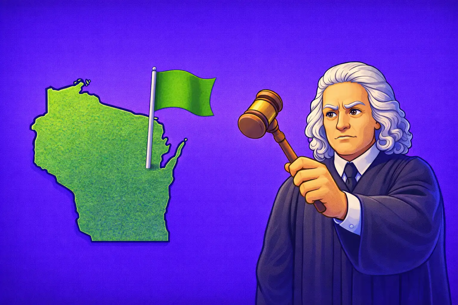 Cartoon-style scene showing the Wisconsin map next to a raised green flag and an older judge in black robes with a gavel, representing how state law treats sweepstakes casinos in Wisconsin.