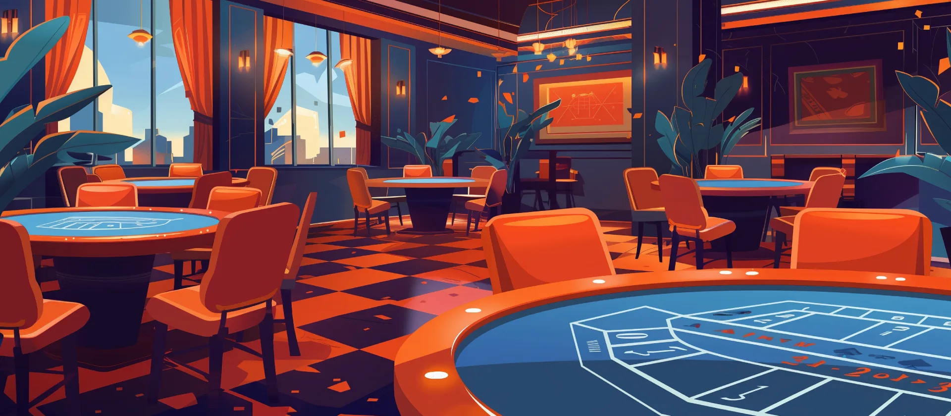 Cartoon casino with roulette tables