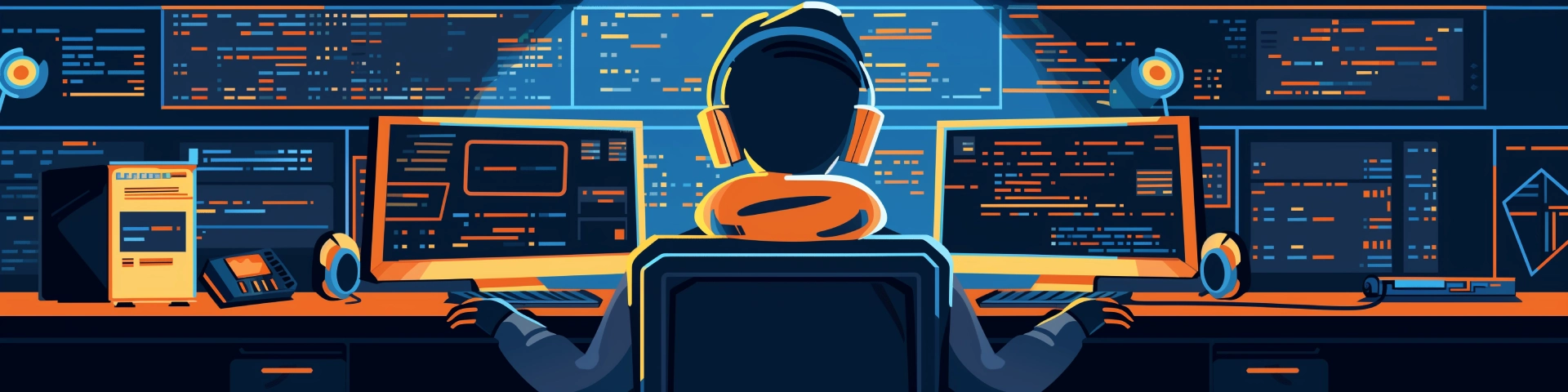 Programmer in front of computer cartoon banner