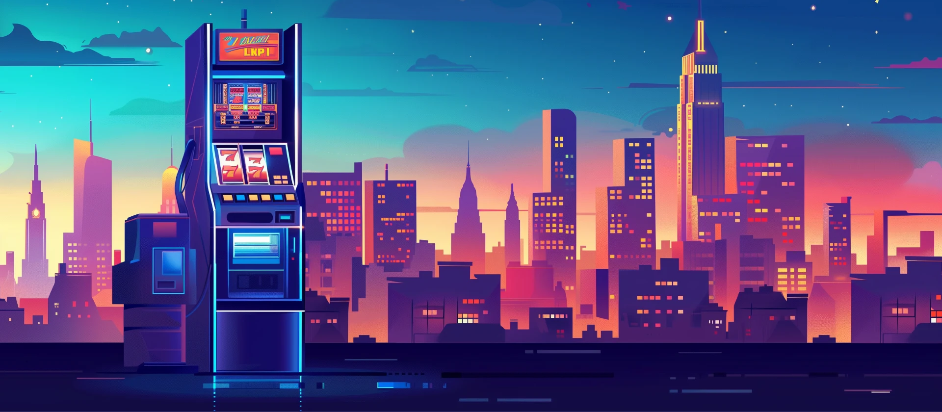 Slot machine in front of New York city cartooned